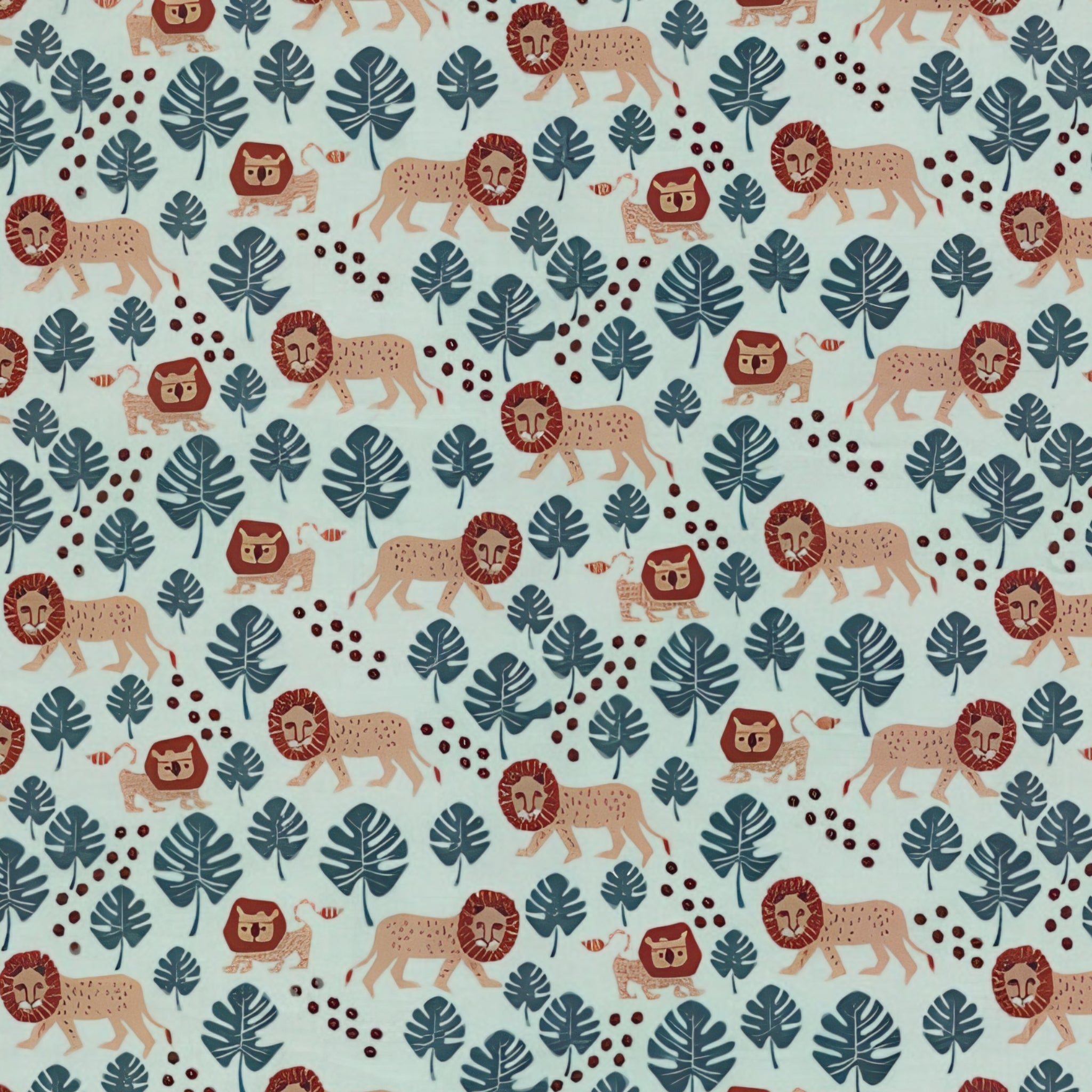 Walking lions rust manes monstera leaves mint background kids novelty quilting fabric for children's quilts nursery décor and baby sewing projects