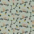 Cheeky monkeys on branches golden pineapples teal leaves sage green background kids novelty quilting fabric for children's quilts nursery décor and jungle sewing projects