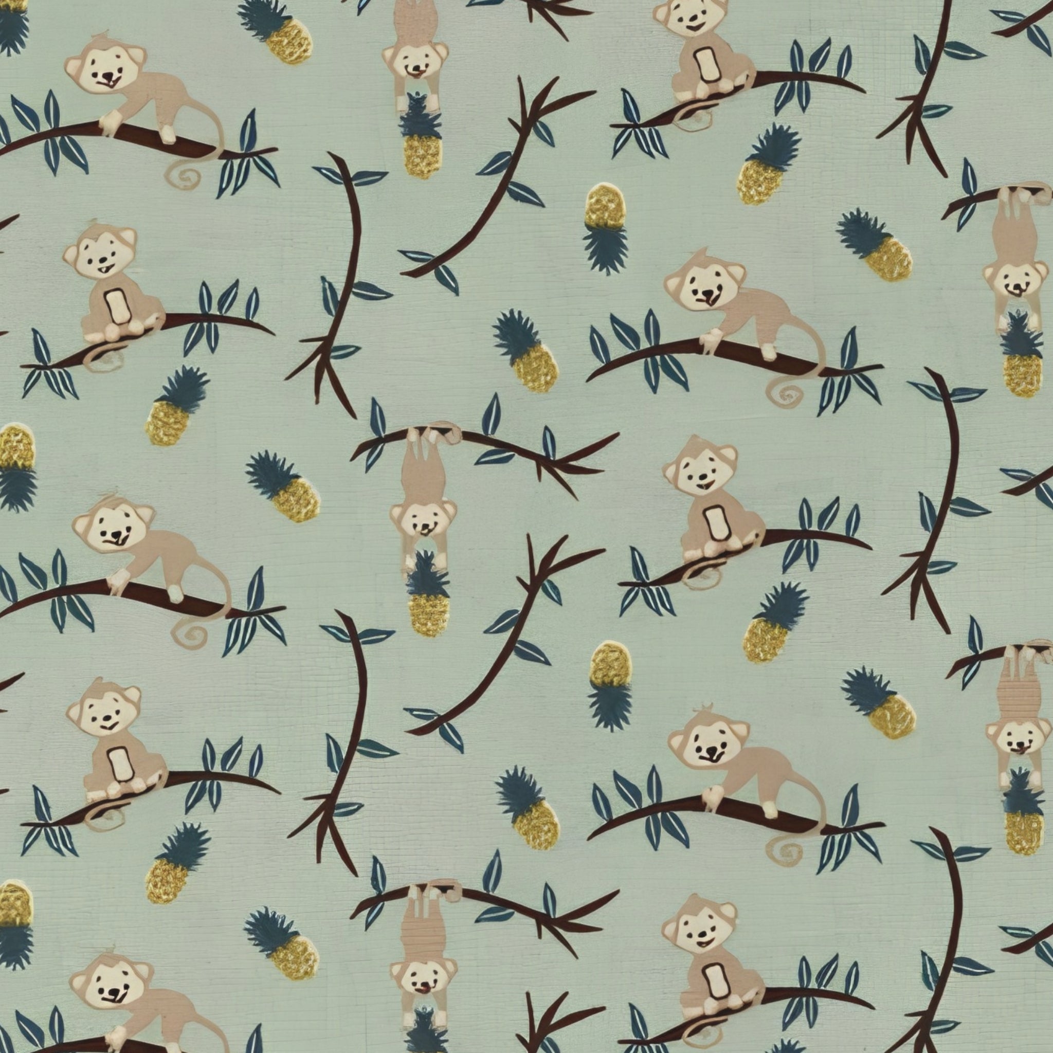 Cheeky monkeys on branches golden pineapples teal leaves sage green background kids novelty quilting fabric for children's quilts nursery décor and jungle sewing projects