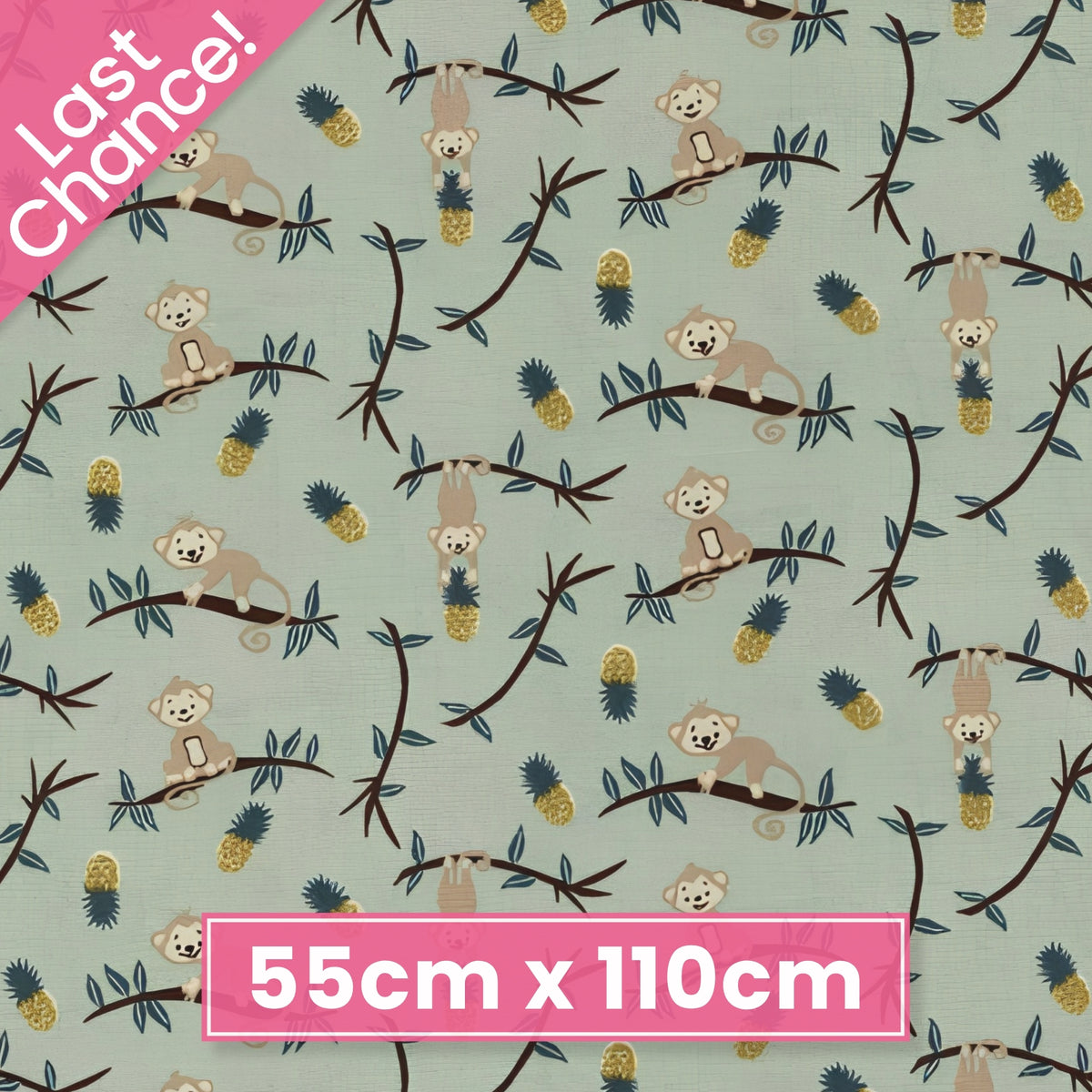 Cheeky monkeys on branches golden pineapples teal leaves sage green background kids novelty quilting fabric for children's quilts nursery décor and jungle sewing projects