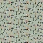 Cheeky monkeys on branches golden pineapples teal leaves sage green background kids novelty quilting fabric for children's quilts nursery décor and jungle sewing projects