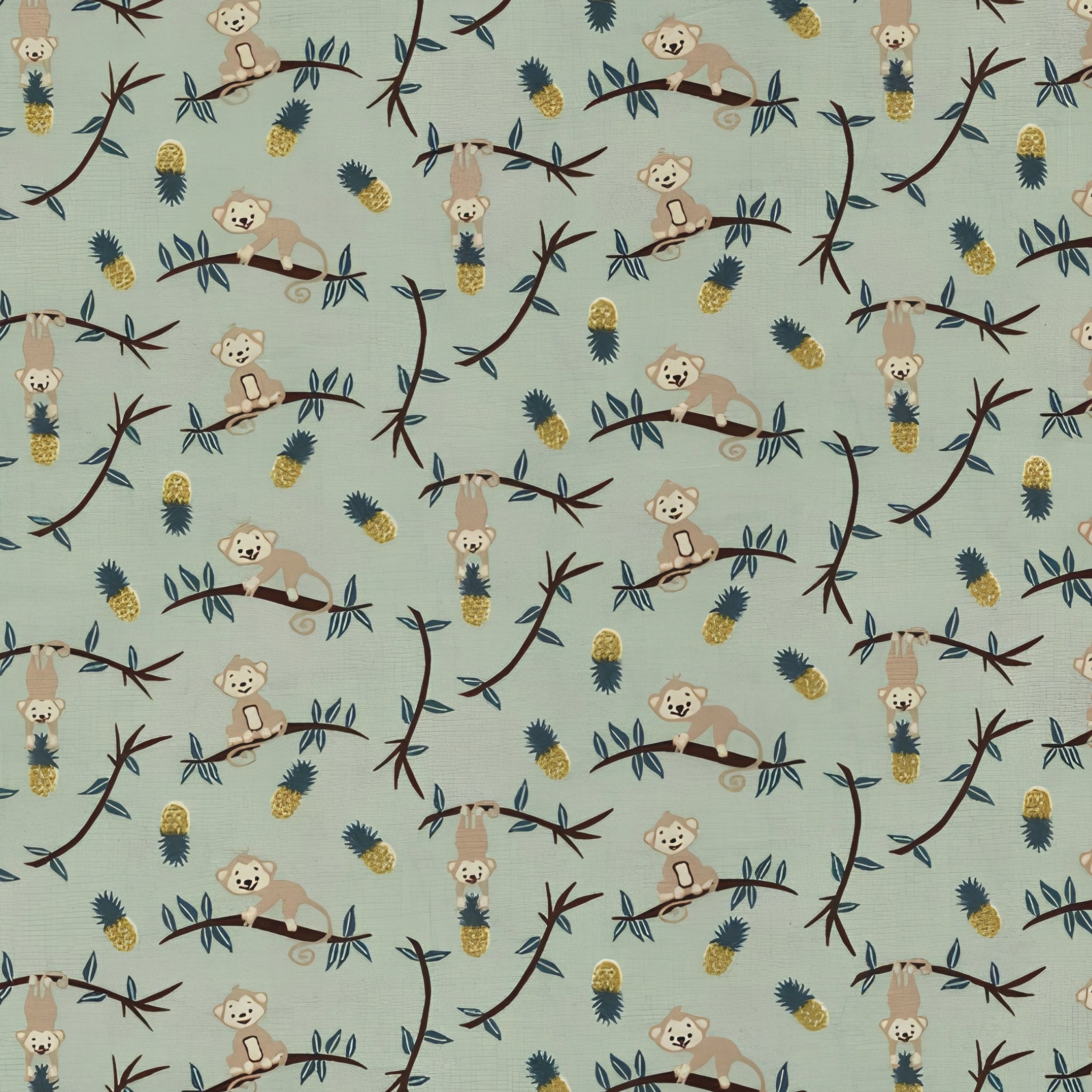 Cheeky monkeys on branches golden pineapples teal leaves sage green background kids novelty quilting fabric for children's quilts nursery décor and jungle sewing projects