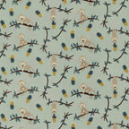 Cheeky monkeys on branches golden pineapples teal leaves sage green background kids novelty quilting fabric for children's quilts nursery décor and jungle sewing projects