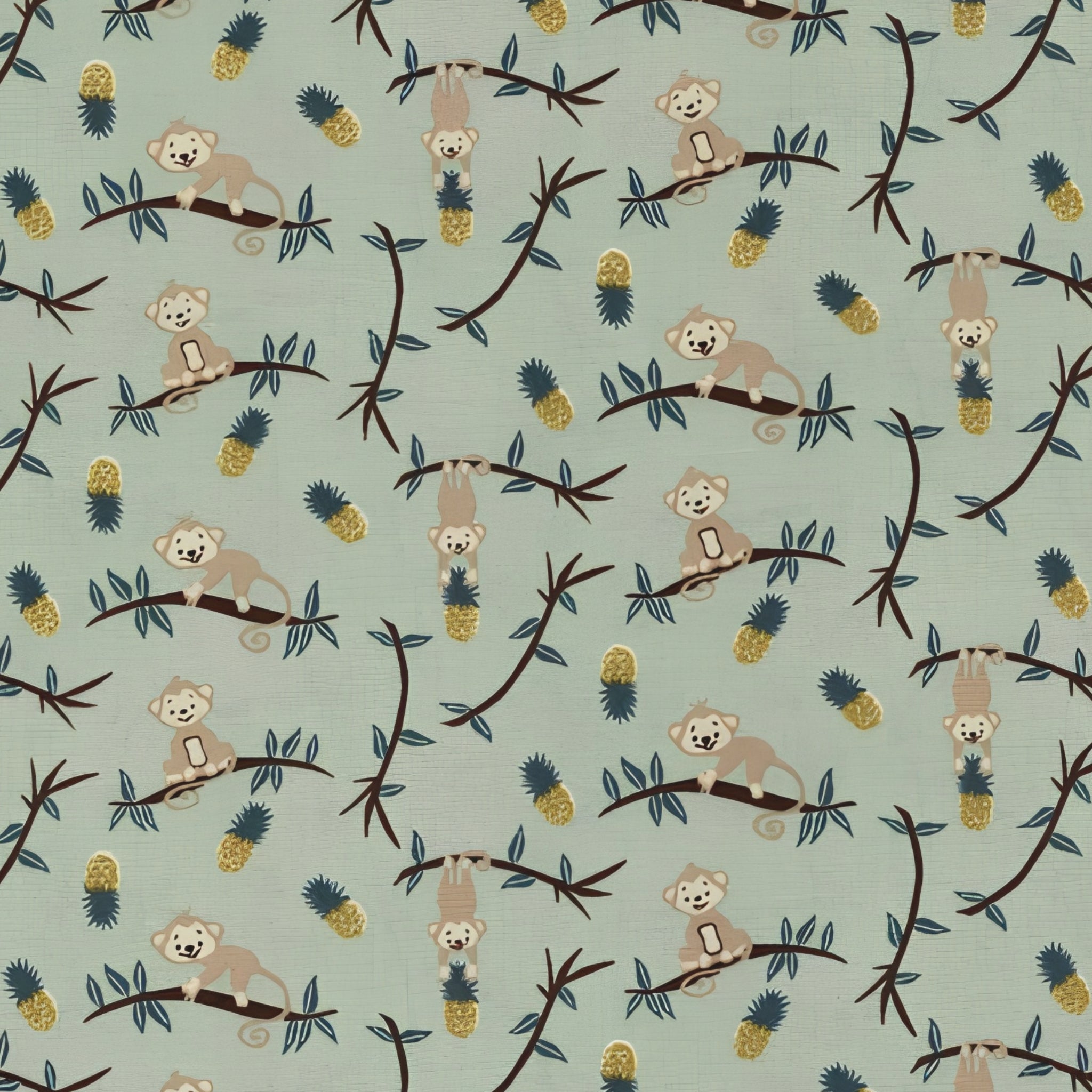 Cheeky monkeys on branches golden pineapples teal leaves sage green background kids novelty quilting fabric for children's quilts nursery décor and jungle sewing projects