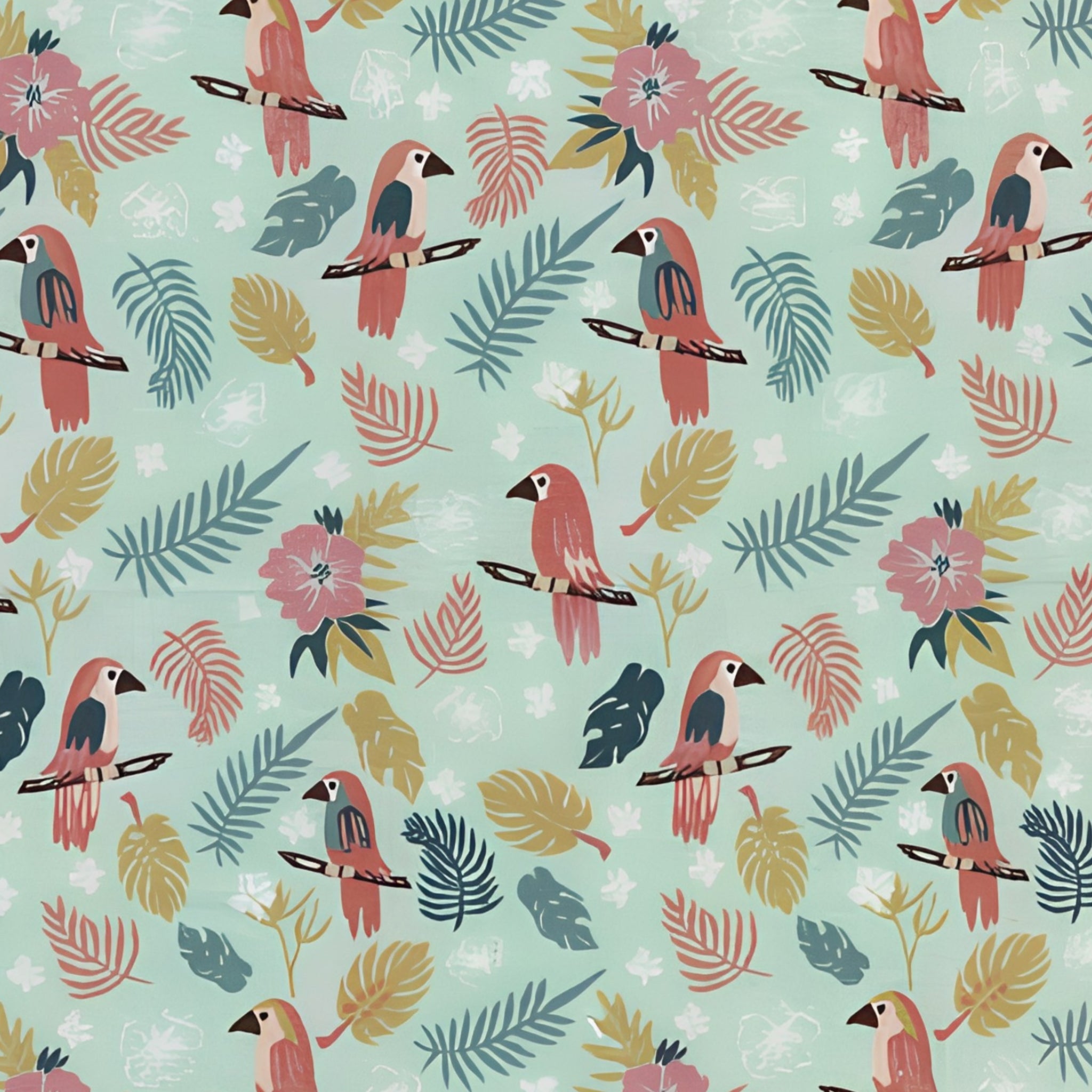 Dusty rose parrots tropical palm fronds monstera leaves hibiscus flowers mint background novelty quilting fabric for tropical quilts boho nursery and bird lover sewing projects