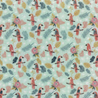Dusty rose parrots tropical palm fronds monstera leaves hibiscus flowers mint background novelty quilting fabric for tropical quilts boho nursery and bird lover sewing projects