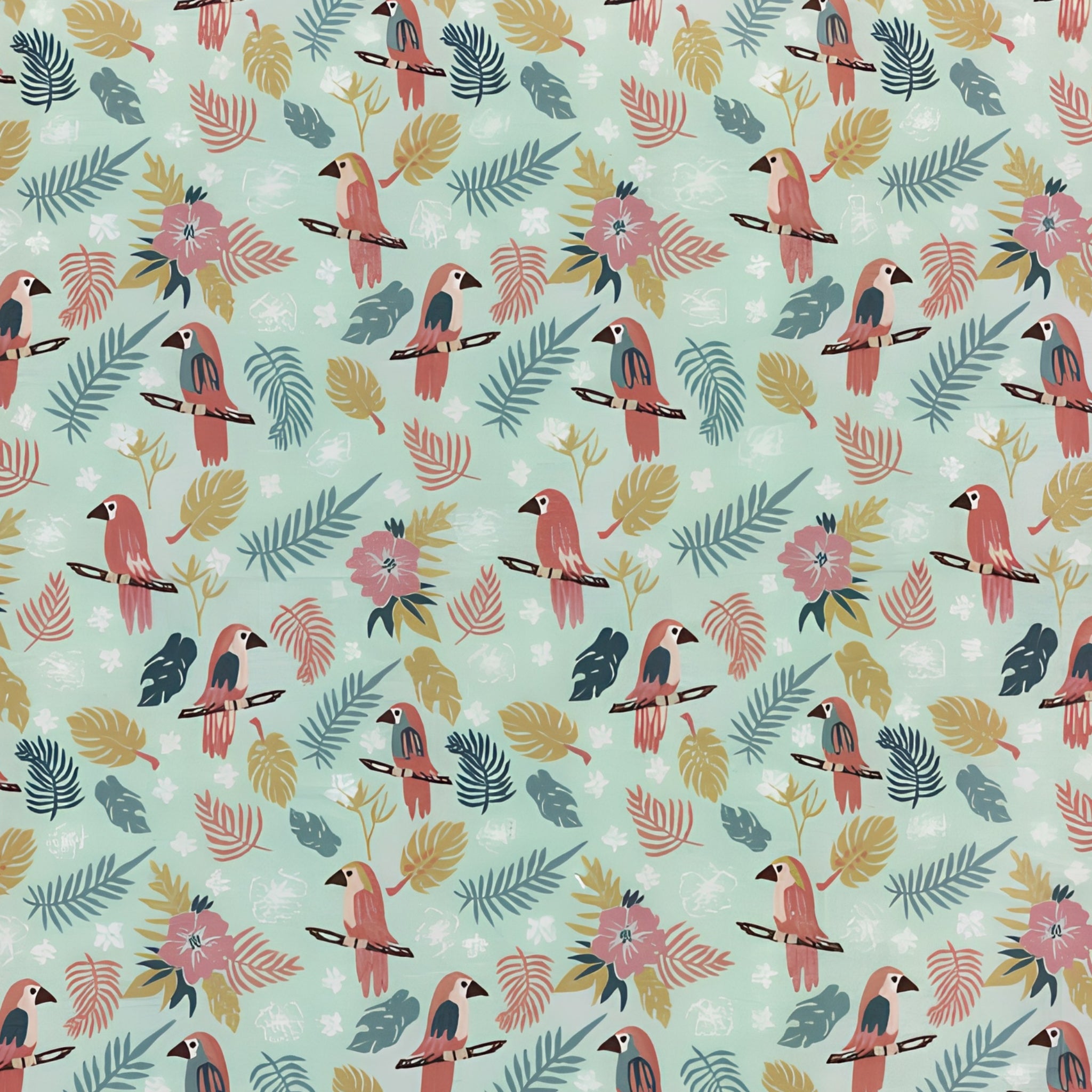 Dusty rose parrots tropical palm fronds monstera leaves hibiscus flowers mint background novelty quilting fabric for tropical quilts boho nursery and bird lover sewing projects