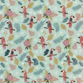 Dusty rose parrots tropical palm fronds monstera leaves hibiscus flowers mint background novelty quilting fabric for tropical quilts boho nursery and bird lover sewing projects