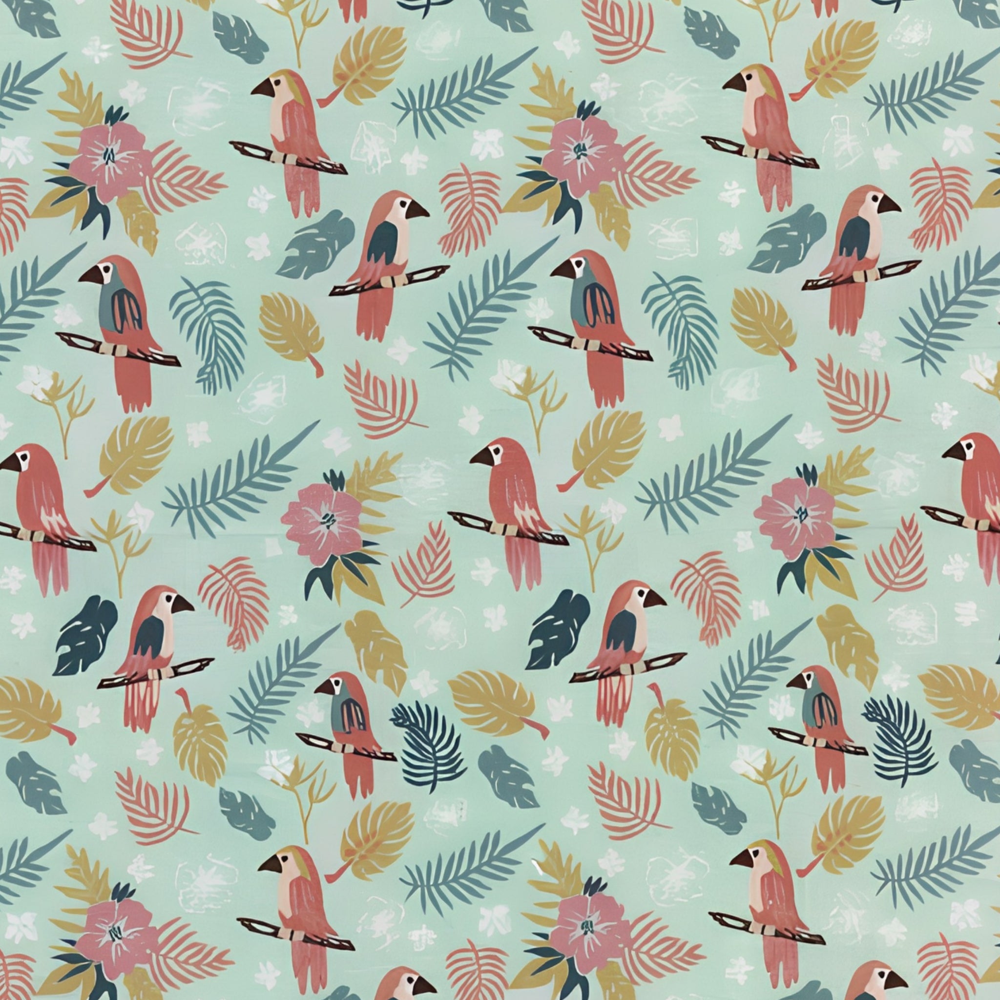 Dusty rose parrots tropical palm fronds monstera leaves hibiscus flowers mint background novelty quilting fabric for tropical quilts boho nursery and bird lover sewing projects