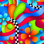 Bold daisy flowers swirling geometric rainbow arcs paisley teardrops dots and black white checkerboard ribbons neon rainbow feature quilting fabric for bold quilts tote bags and stack and whack projects