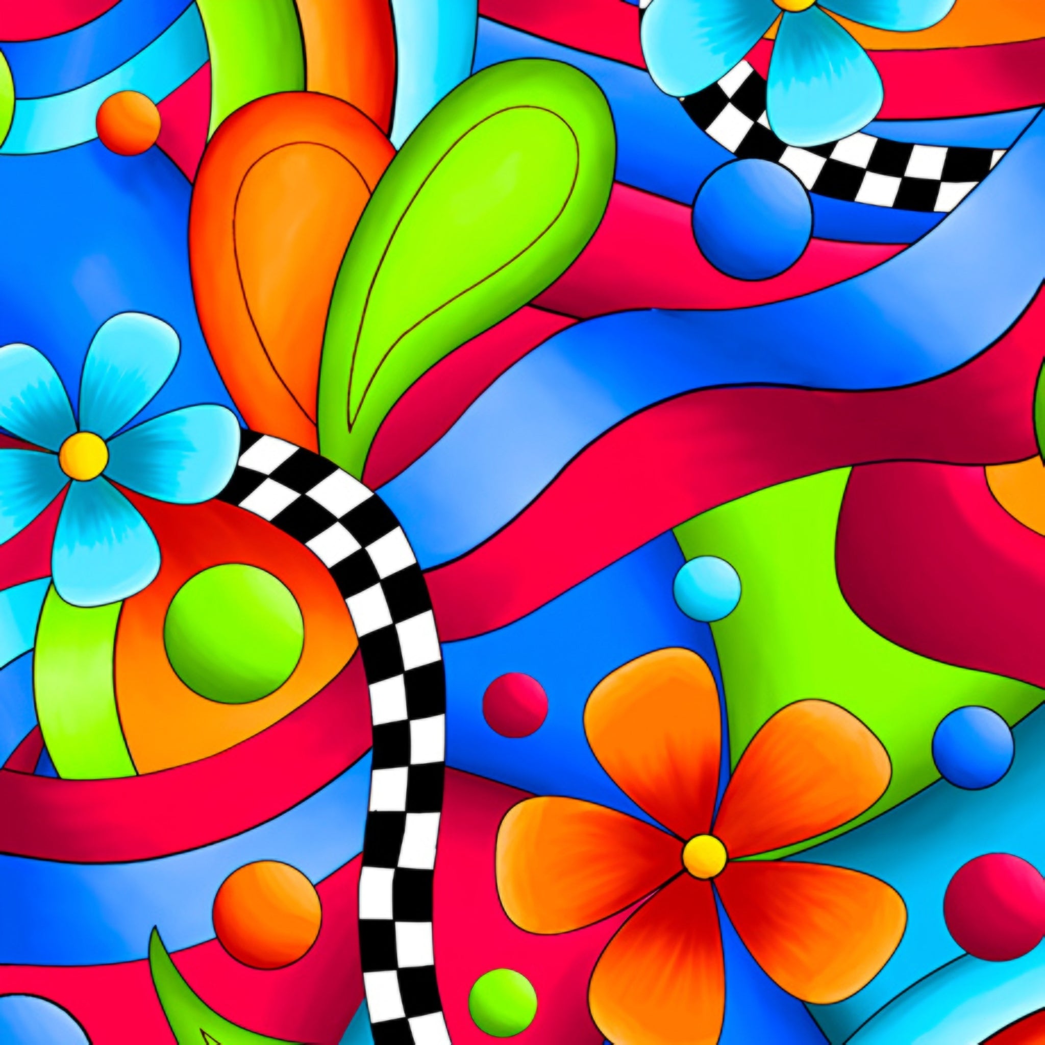 Bold daisy flowers swirling geometric rainbow arcs paisley teardrops dots and black white checkerboard ribbons neon rainbow feature quilting fabric for bold quilts tote bags and stack and whack projects