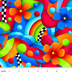 Bold daisy flowers swirling geometric rainbow arcs paisley teardrops dots and black white checkerboard ribbons neon rainbow feature quilting fabric for bold quilts tote bags and stack and whack projects