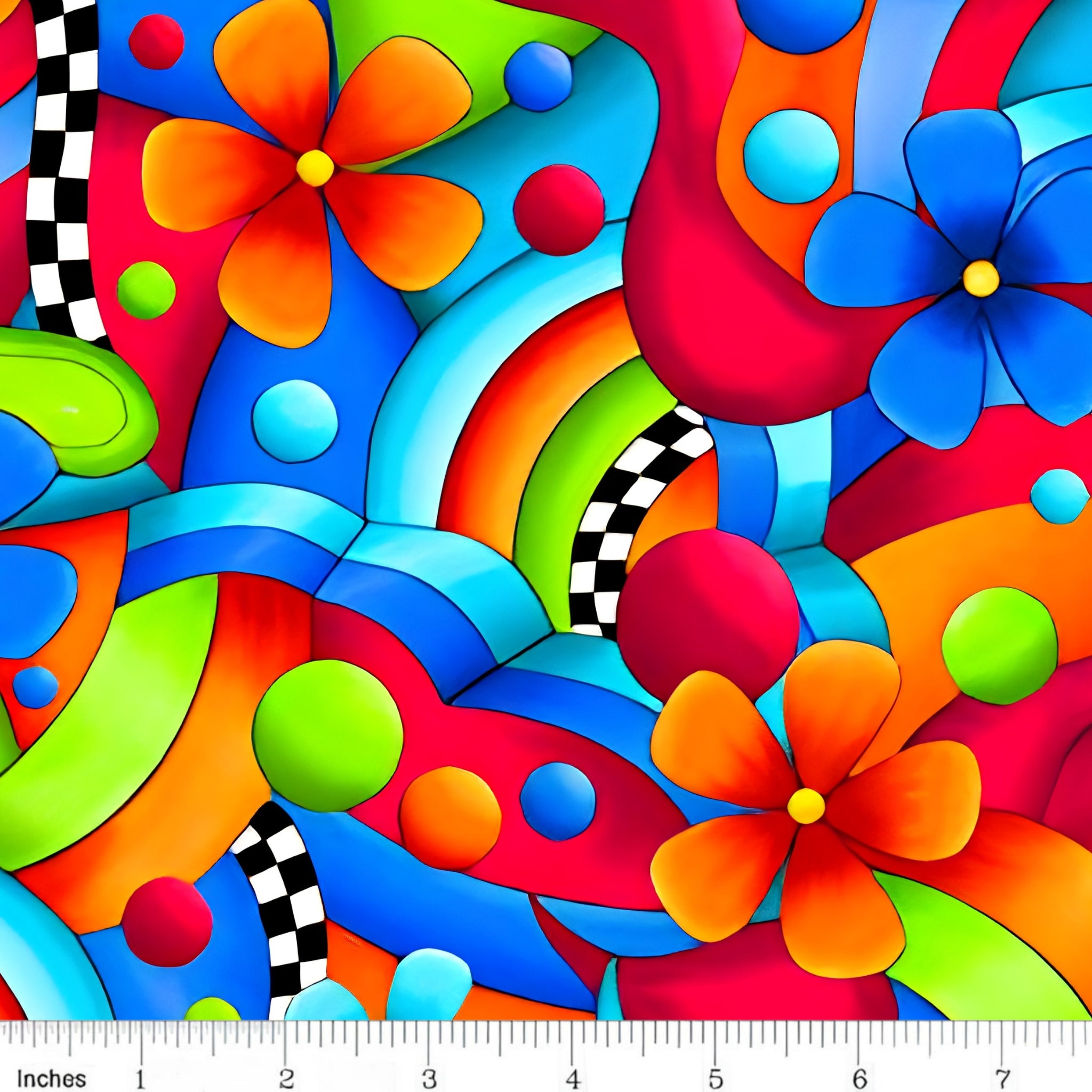 Bold daisy flowers swirling geometric rainbow arcs paisley teardrops dots and black white checkerboard ribbons neon rainbow feature quilting fabric for bold quilts tote bags and stack and whack projects