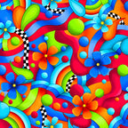 Bold daisy flowers swirling geometric rainbow arcs paisley teardrops dots and black white checkerboard ribbons neon rainbow feature quilting fabric for bold quilts tote bags and stack and whack projects