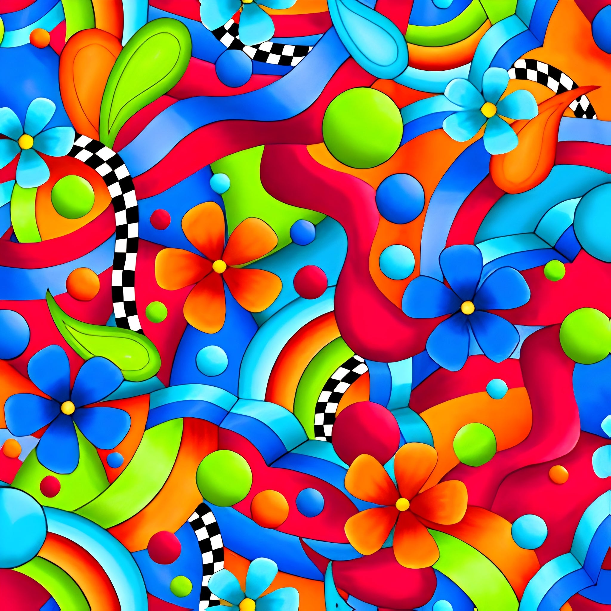 Bold daisy flowers swirling geometric rainbow arcs paisley teardrops dots and black white checkerboard ribbons neon rainbow feature quilting fabric for bold quilts tote bags and stack and whack projects