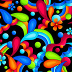 Bold geometric neon paisley swirls teardrop shapes daisy flowers and dots in rainbow colours on black background quilting fabric for stack and whack quilts tote bags and cushions