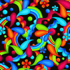Bold geometric neon paisley swirls teardrop shapes daisy flowers and dots in rainbow colours on black background quilting fabric for stack and whack quilts tote bags and cushions