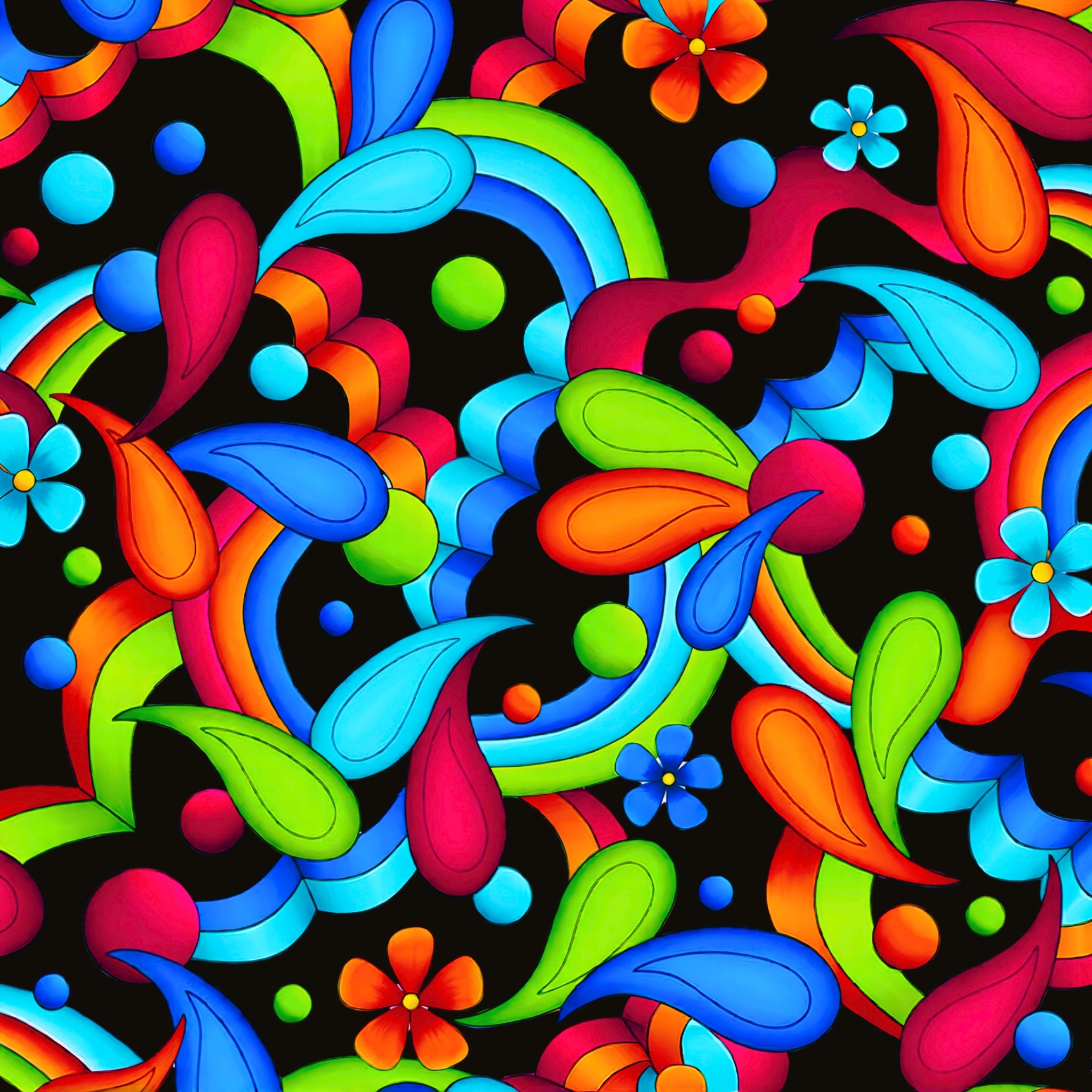 Bold geometric neon paisley swirls teardrop shapes daisy flowers and dots in rainbow colours on black background quilting fabric for stack and whack quilts tote bags and cushions