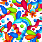 Bold geometric neon paisley swirls teardrop shapes daisy flowers and dots in rainbow colours on white background quilting fabric for stack and whack quilts tote bags and cushions