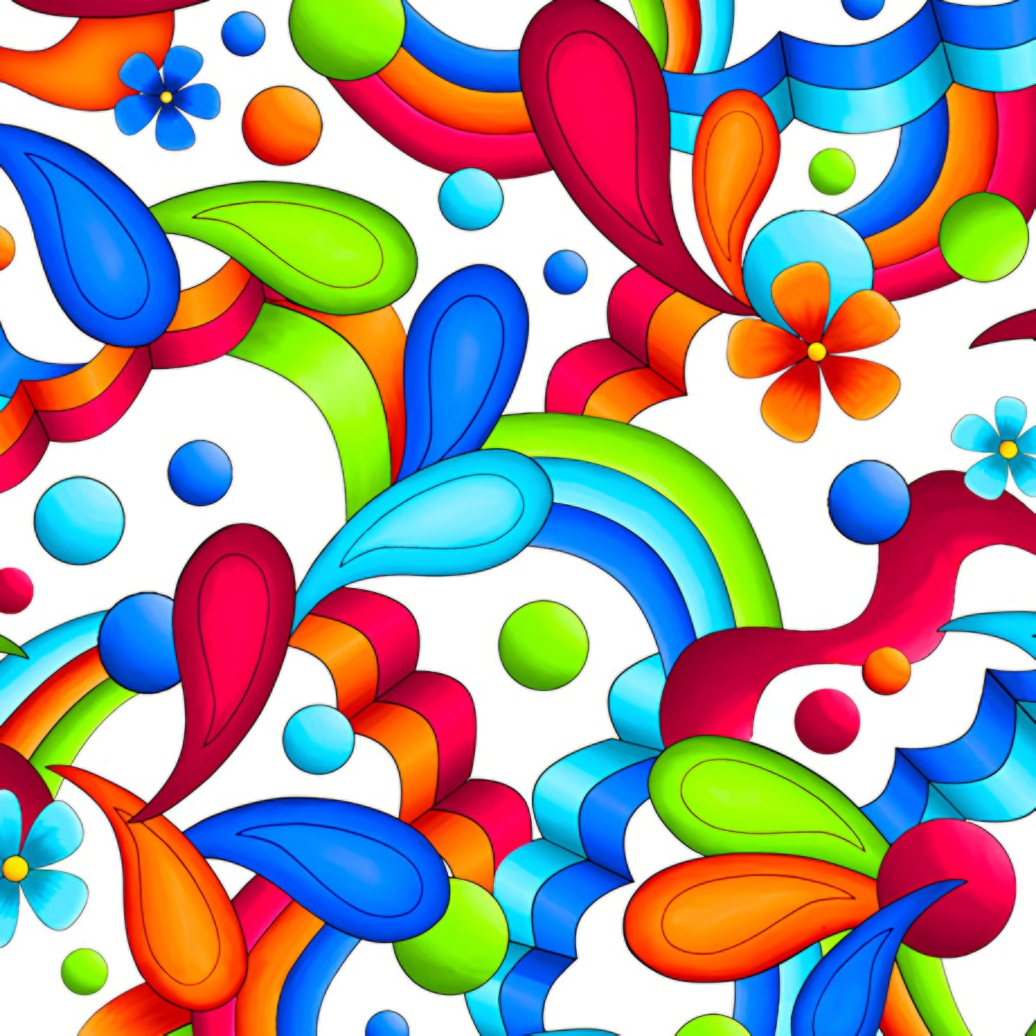 Bold geometric neon paisley swirls teardrop shapes daisy flowers and dots in rainbow colours on white background quilting fabric for stack and whack quilts tote bags and cushions