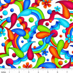Bold geometric neon paisley swirls teardrop shapes daisy flowers and dots in rainbow colours on white background quilting fabric for stack and whack quilts tote bags and cushions