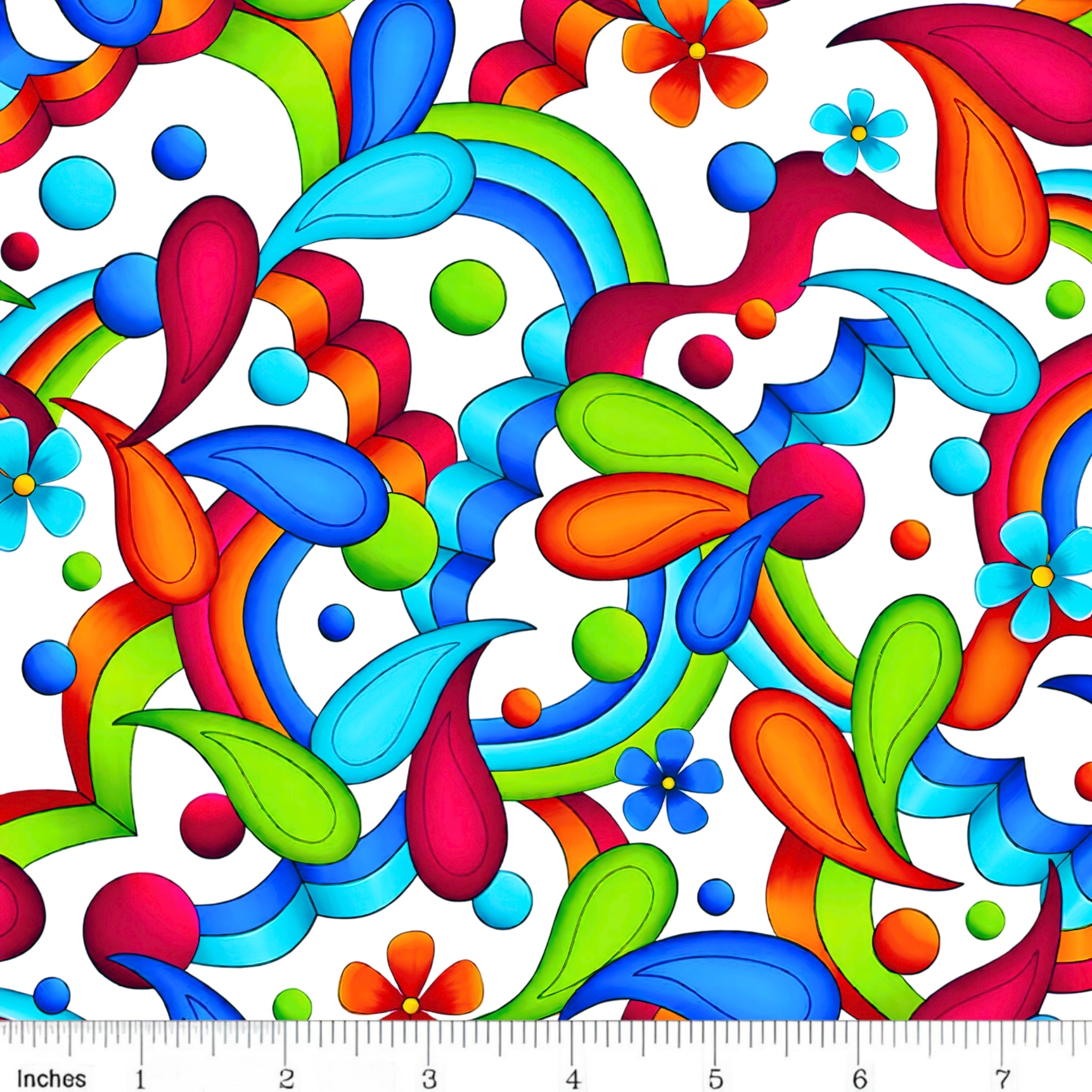Bold geometric neon paisley swirls teardrop shapes daisy flowers and dots in rainbow colours on white background quilting fabric for stack and whack quilts tote bags and cushions