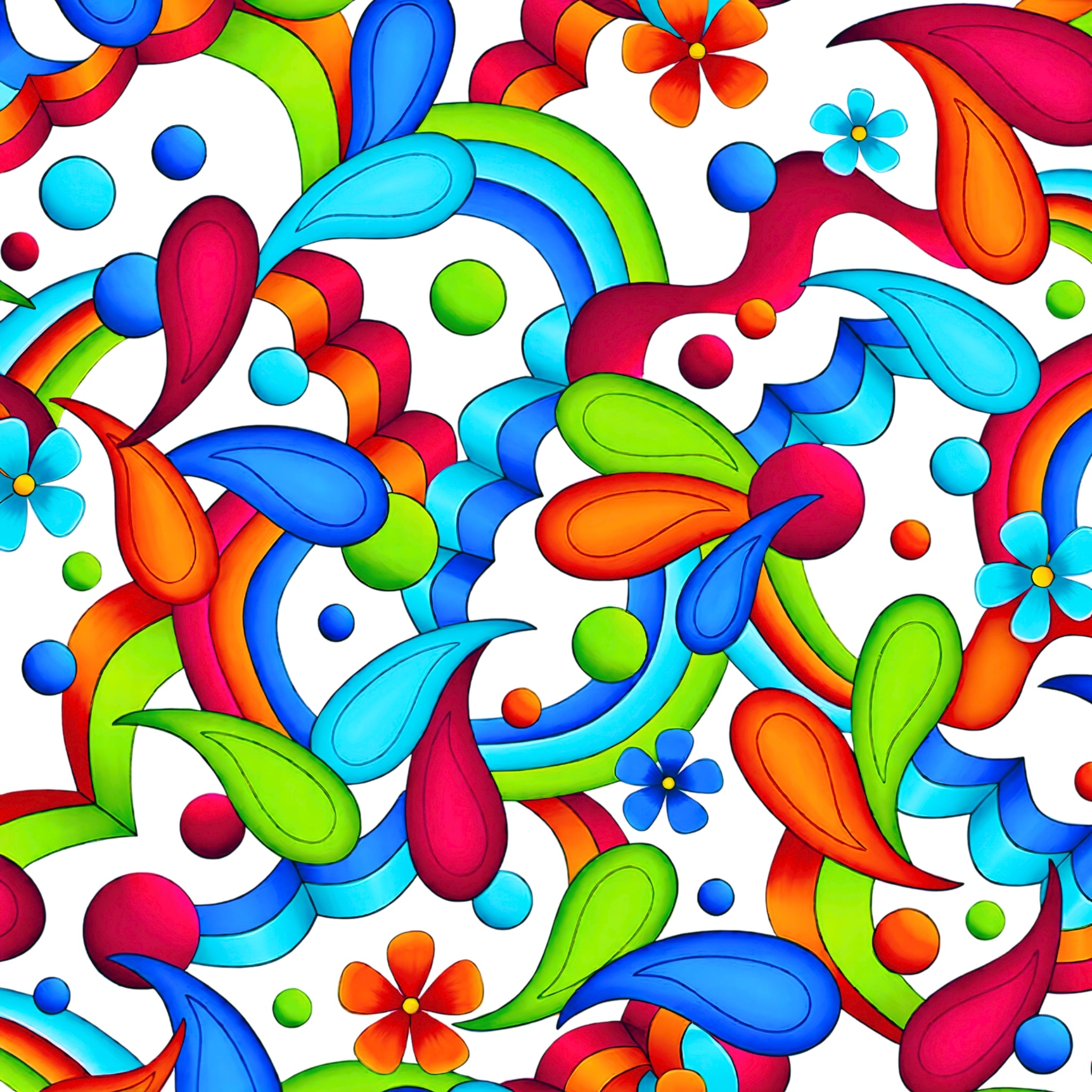 Bold geometric neon paisley swirls teardrop shapes daisy flowers and dots in rainbow colours on white background quilting fabric for stack and whack quilts tote bags and cushions