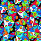 Bold neon geometric triangles filled with circles and dots in rainbow colours on black and white background quilting fabric for stack and whack quilts tote bags and cushions