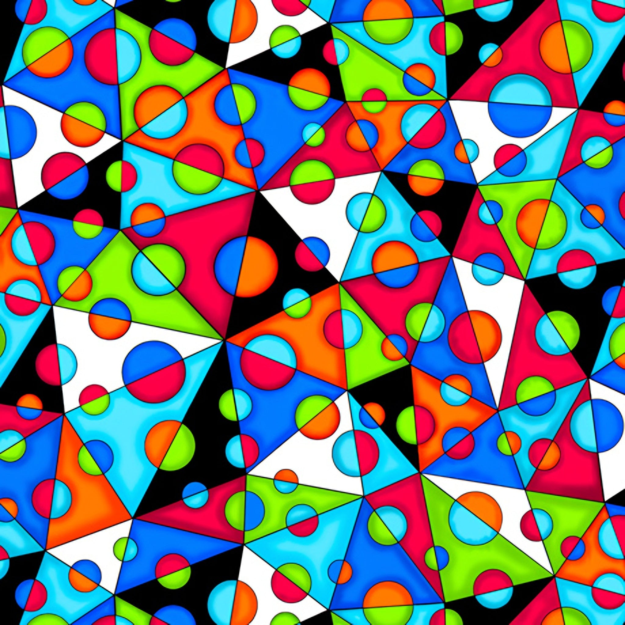 Bold neon geometric triangles filled with circles and dots in rainbow colours on black and white background quilting fabric for stack and whack quilts tote bags and cushions