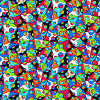 Bold neon geometric triangles filled with circles and dots in rainbow colours on black and white background quilting fabric for stack and whack quilts tote bags and cushions