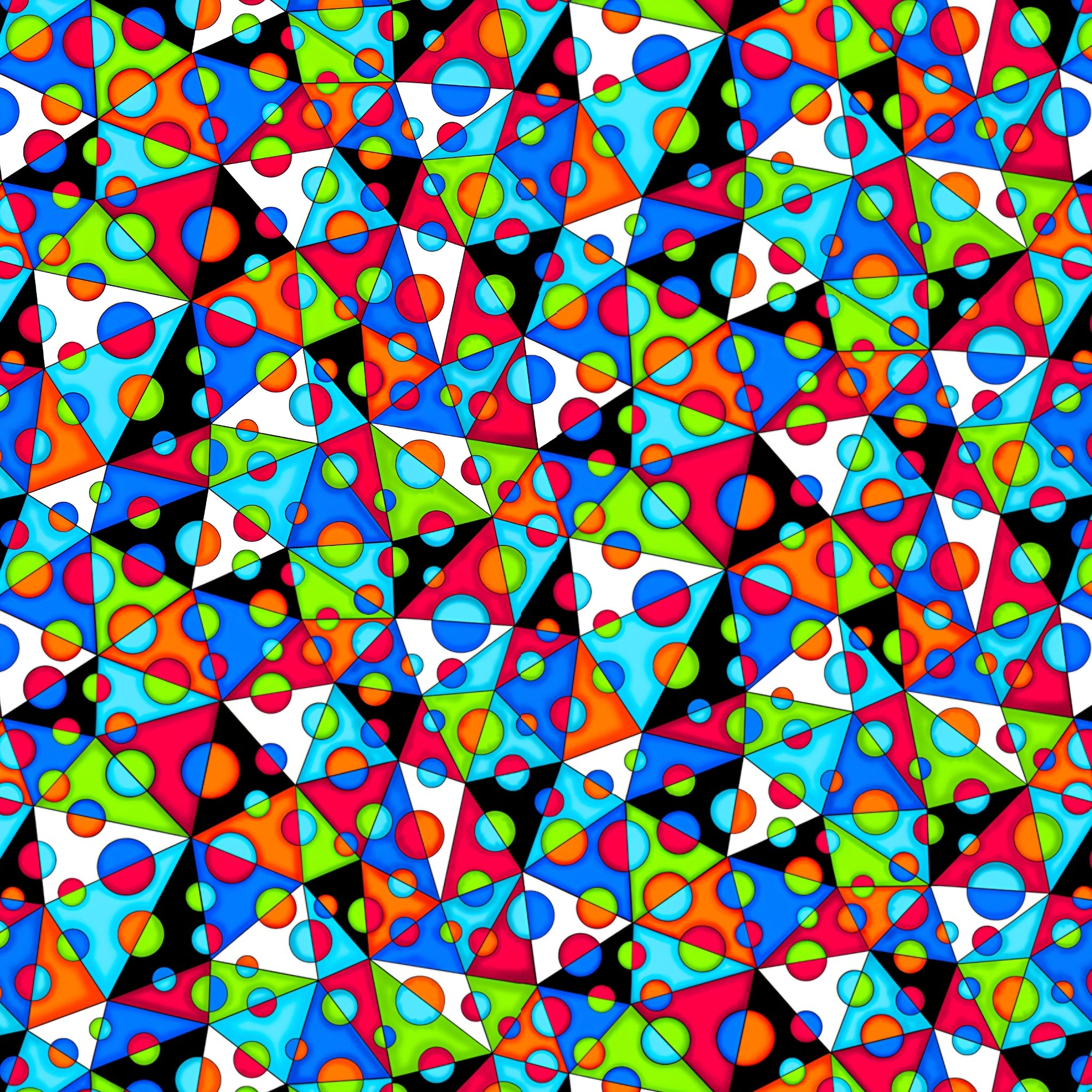 Bold neon geometric triangles filled with circles and dots in rainbow colours on black and white background quilting fabric for stack and whack quilts tote bags and cushions