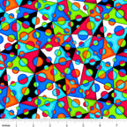 Bold neon geometric triangles filled with circles and dots in rainbow colours on black and white background quilting fabric for stack and whack quilts tote bags and cushions