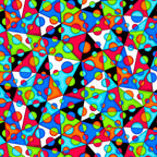 Bold neon geometric triangles filled with circles and dots in rainbow colours on black and white background quilting fabric for stack and whack quilts tote bags and cushions