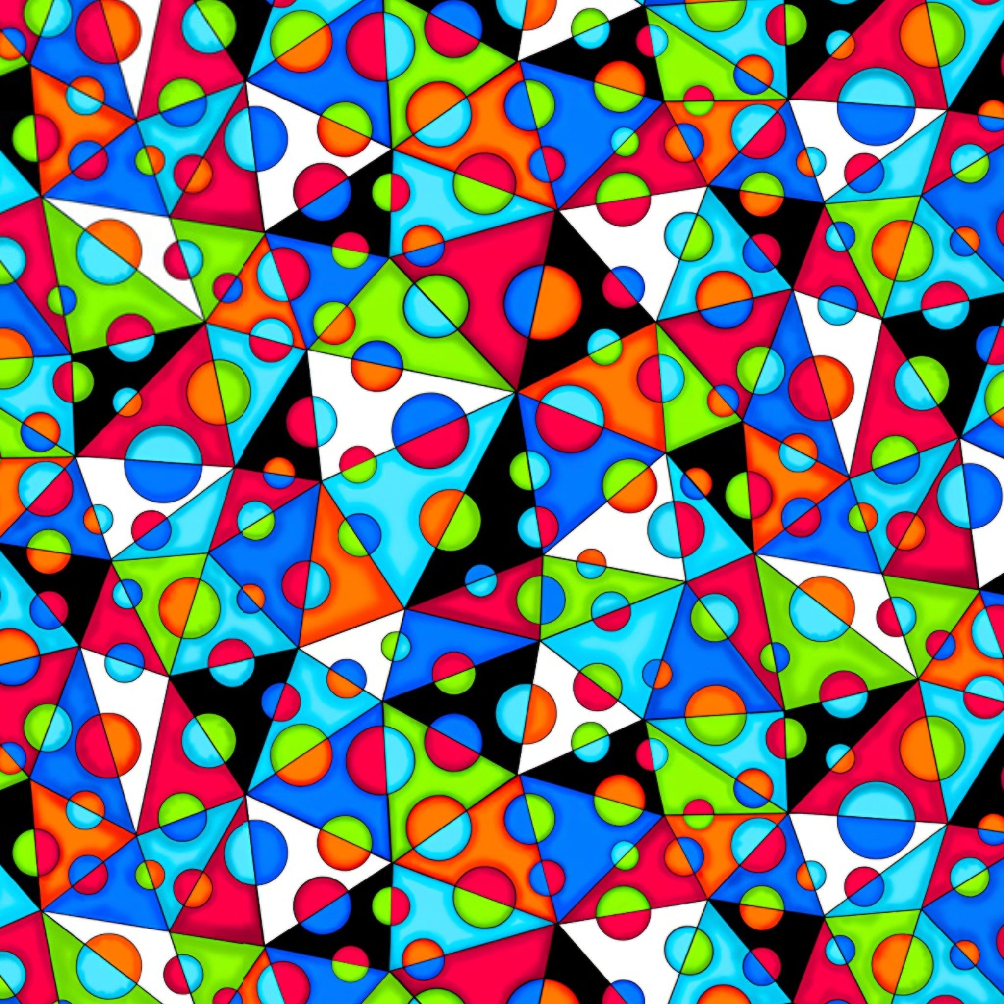 Bold neon geometric triangles filled with circles and dots in rainbow colours on black and white background quilting fabric for stack and whack quilts tote bags and cushions
