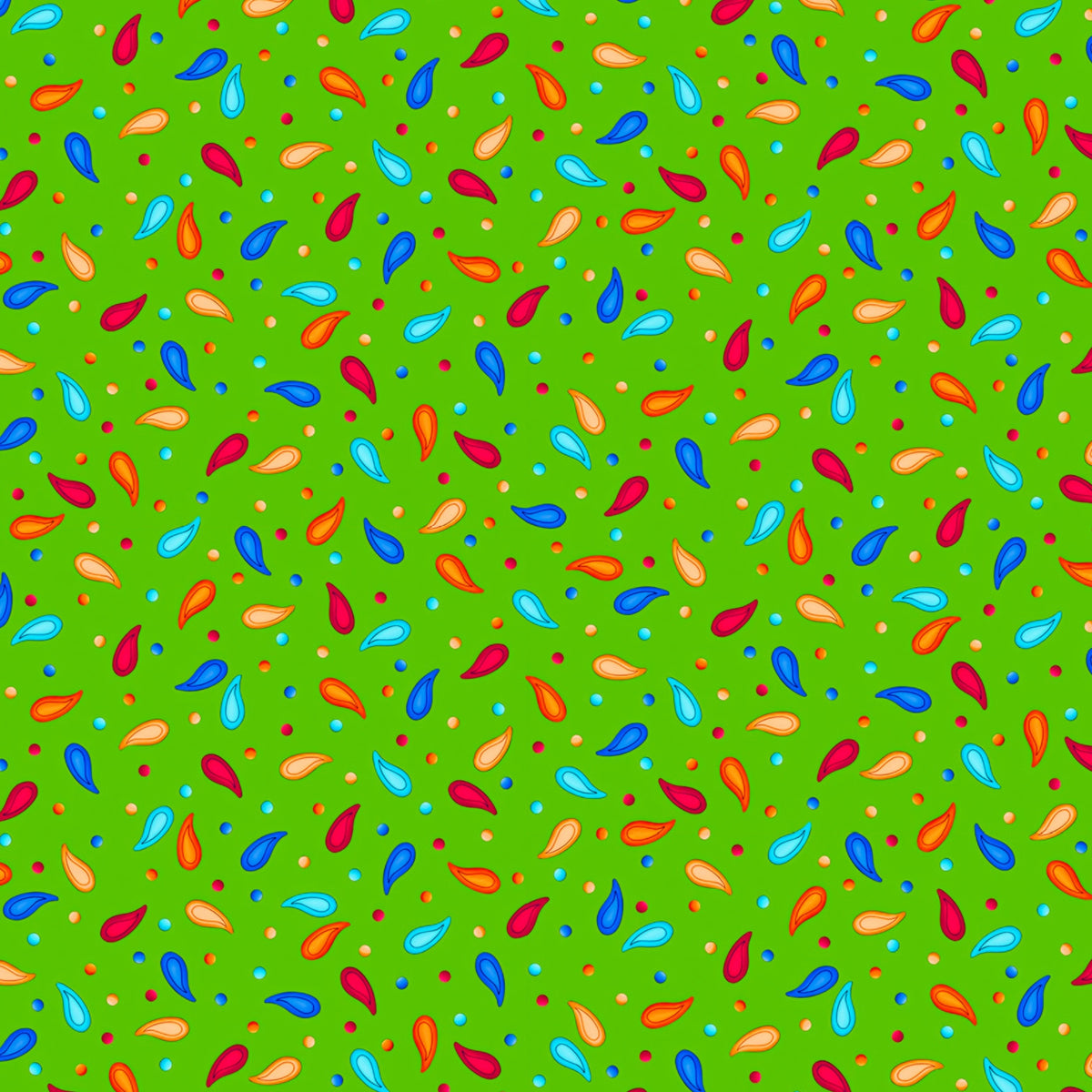 Scattered rainbow paisley teardrop shapes and coloured dots on lime green background coordinate quilting fabric for bold quilts tote bags and bright sewing projects