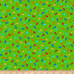 Scattered rainbow paisley teardrop shapes and coloured dots on lime green background coordinate quilting fabric for bold quilts tote bags and bright sewing projects