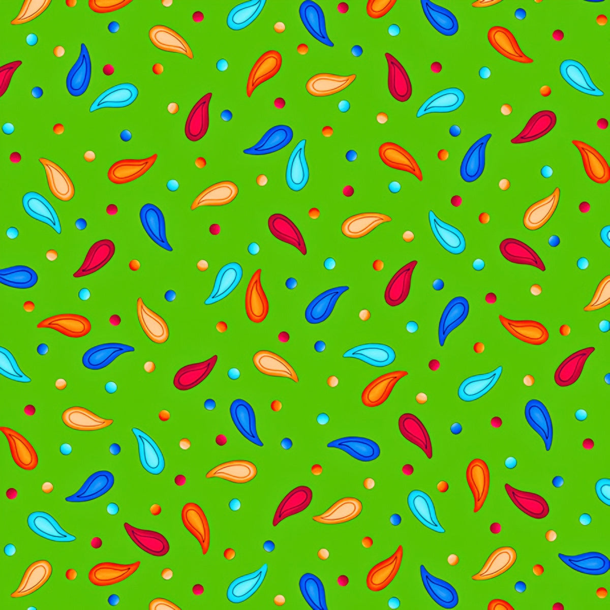 Scattered rainbow paisley teardrop shapes and coloured dots on lime green background coordinate quilting fabric for bold quilts tote bags and bright sewing projects