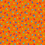 Scattered rainbow paisley teardrop shapes and coloured dots on vivid orange background coordinate quilting fabric for bold