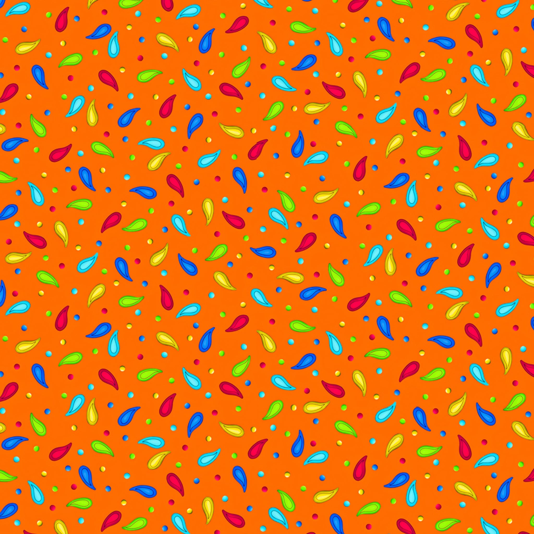 Scattered rainbow paisley teardrop shapes and coloured dots on vivid orange background coordinate quilting fabric for bold