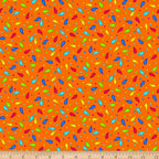 Scattered rainbow paisley teardrop shapes and coloured dots on vivid orange background coordinate quilting fabric for bold