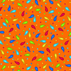 Scattered rainbow paisley teardrop shapes and coloured dots on vivid orange background coordinate quilting fabric for bold