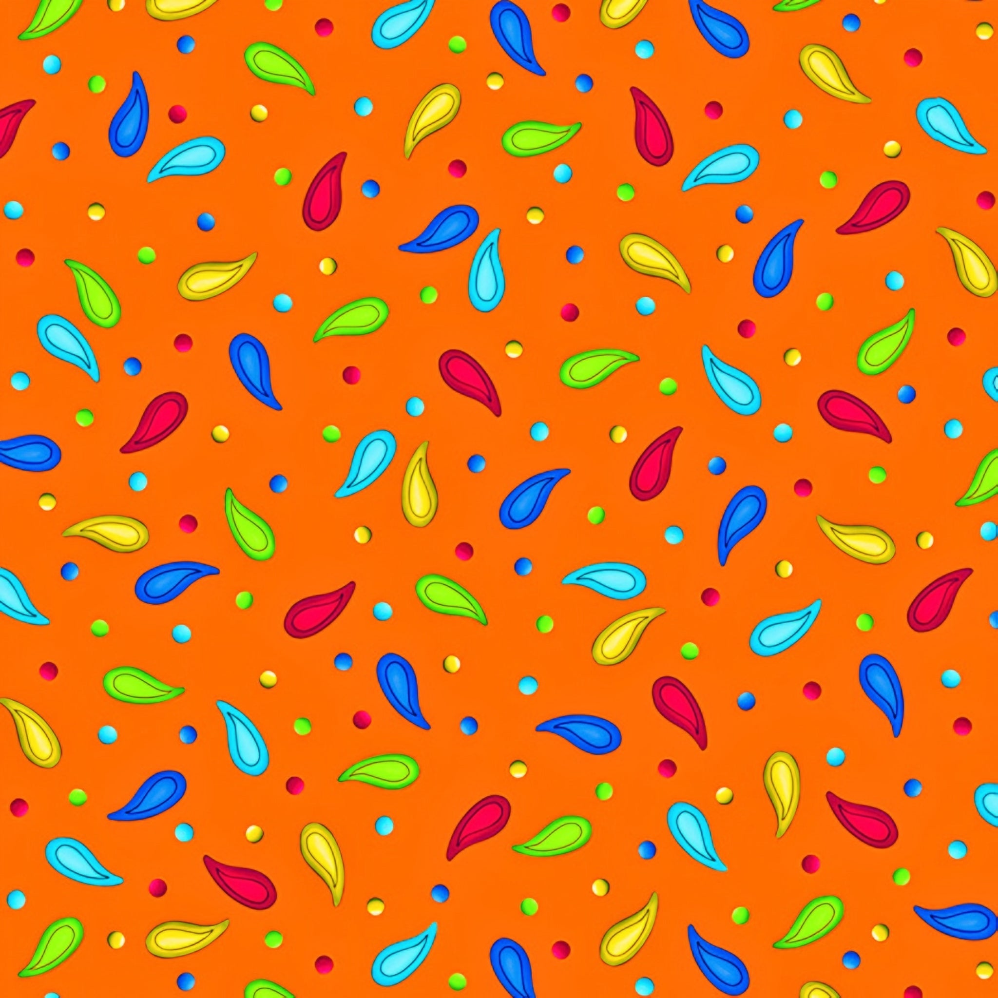 Scattered rainbow paisley teardrop shapes and coloured dots on vivid orange background coordinate quilting fabric for bold