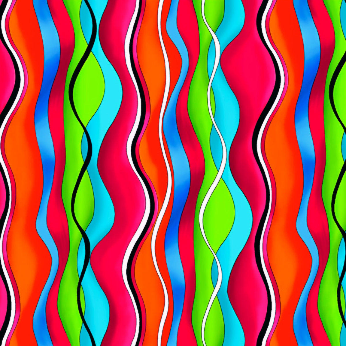 Neon wavy stripes hot pink orange lime green cyan blue with black and white lines rainbow stripe quilting fabric for sashing binding borders tote bags and bold quilts