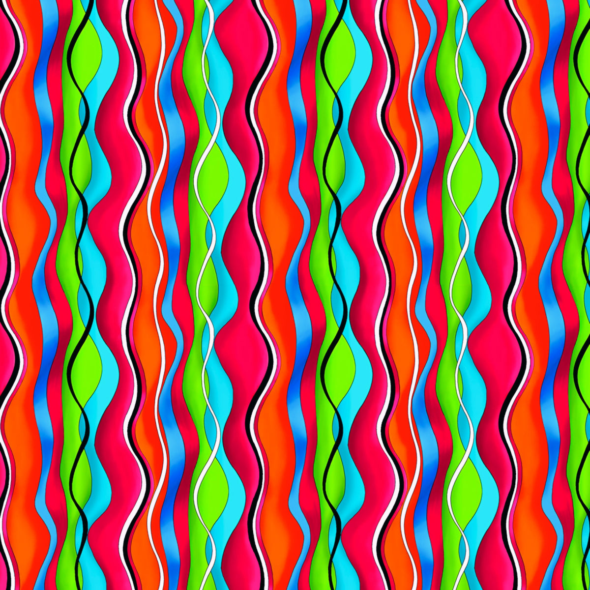 Neon wavy stripes hot pink orange lime green cyan blue with black and white lines rainbow stripe quilting fabric for sashing binding borders tote bags and bold quilts