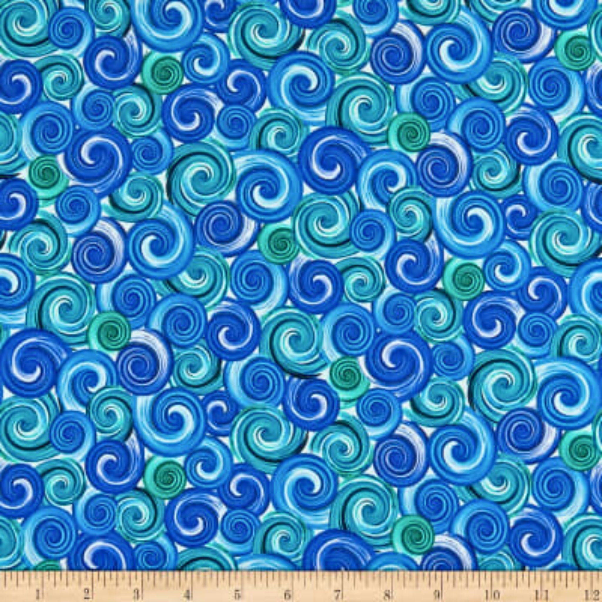 Swirling circles cobalt blue turquoise fabric for quilting and patchwork sewing projects