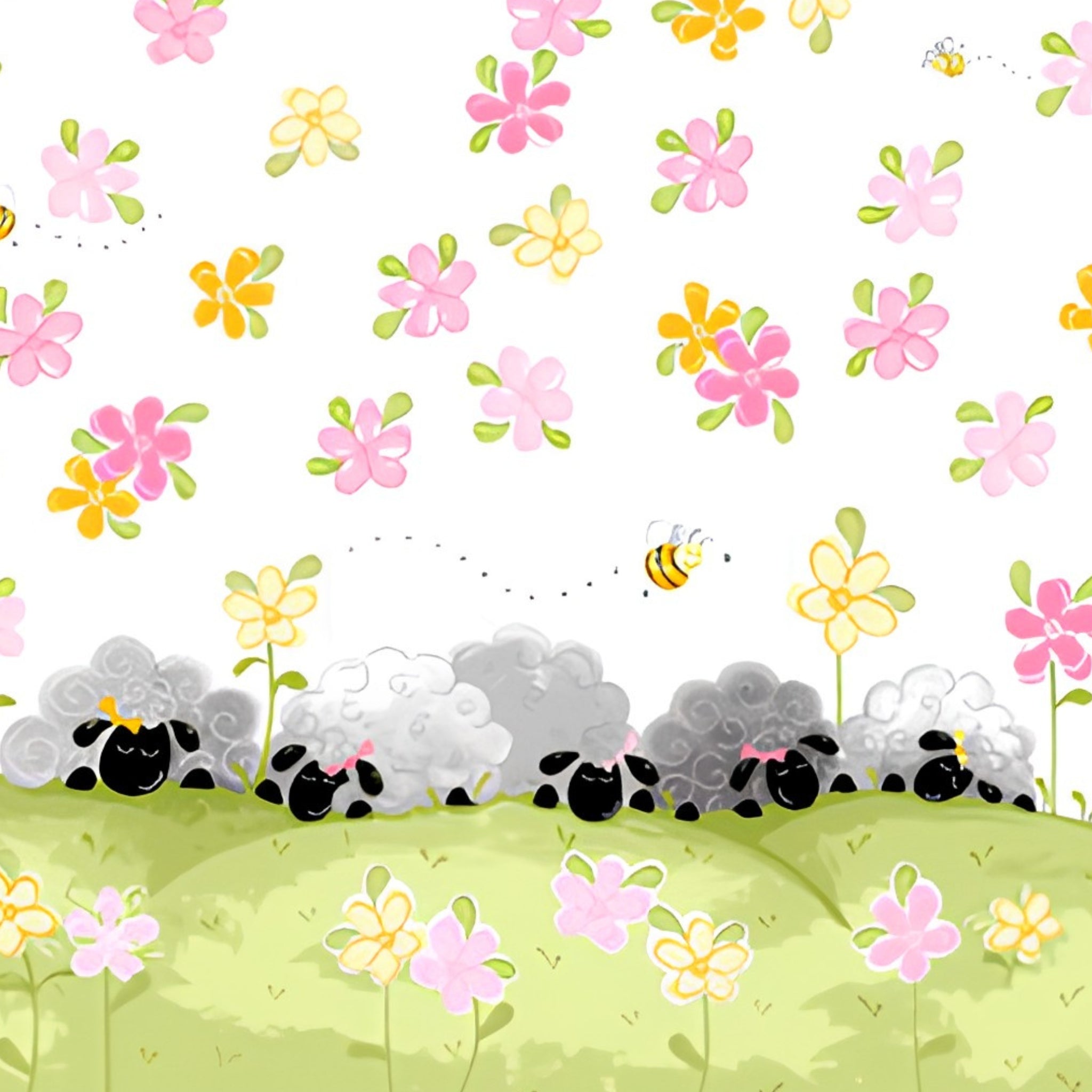 Lal the Lamb Mama Lal double border white sleepy sheep flowers bees novelty kids quilting fabric baby quilts nursery borders