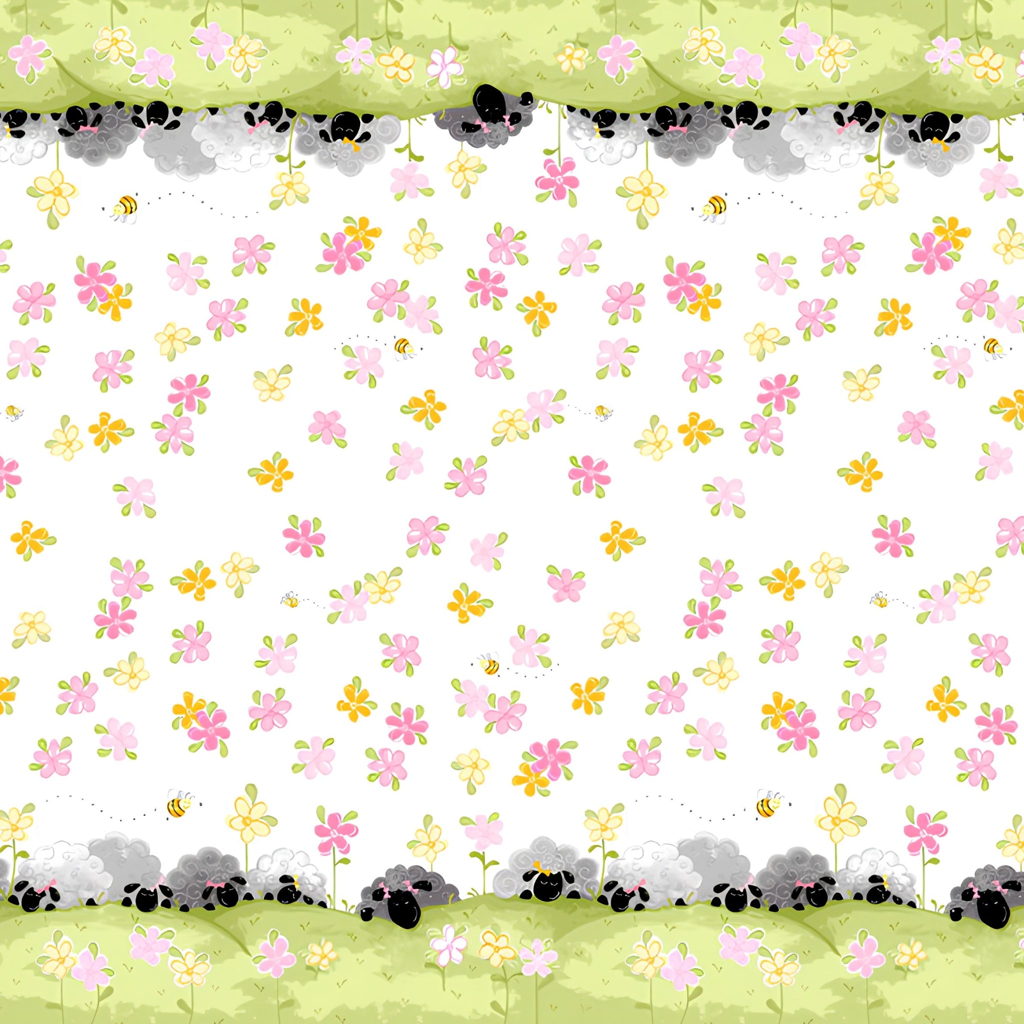 Lal the Lamb Mama Lal double border white sleepy sheep flowers bees novelty kids quilting fabric baby quilts nursery borders