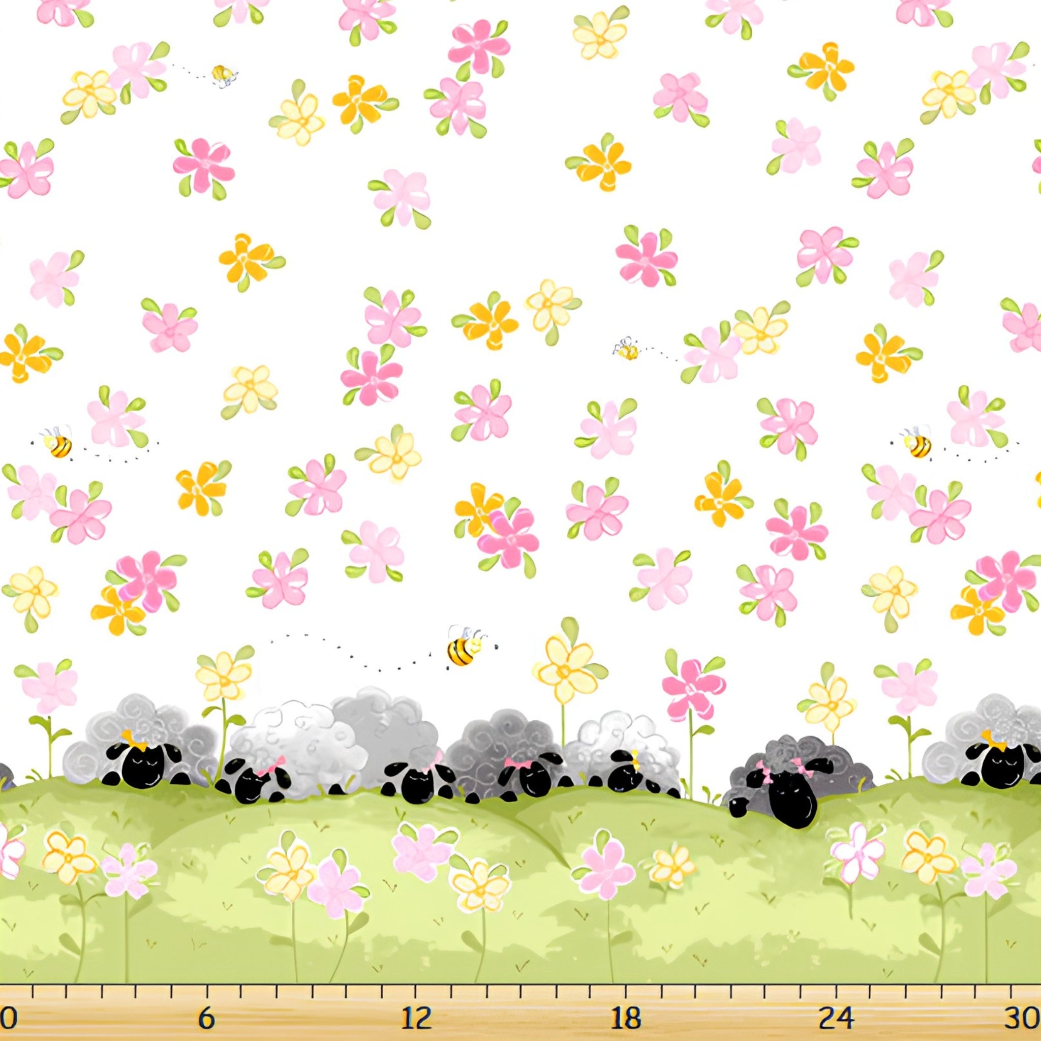 Lal the Lamb Mama Lal double border white sleepy sheep flowers bees novelty kids quilting fabric baby quilts nursery borders