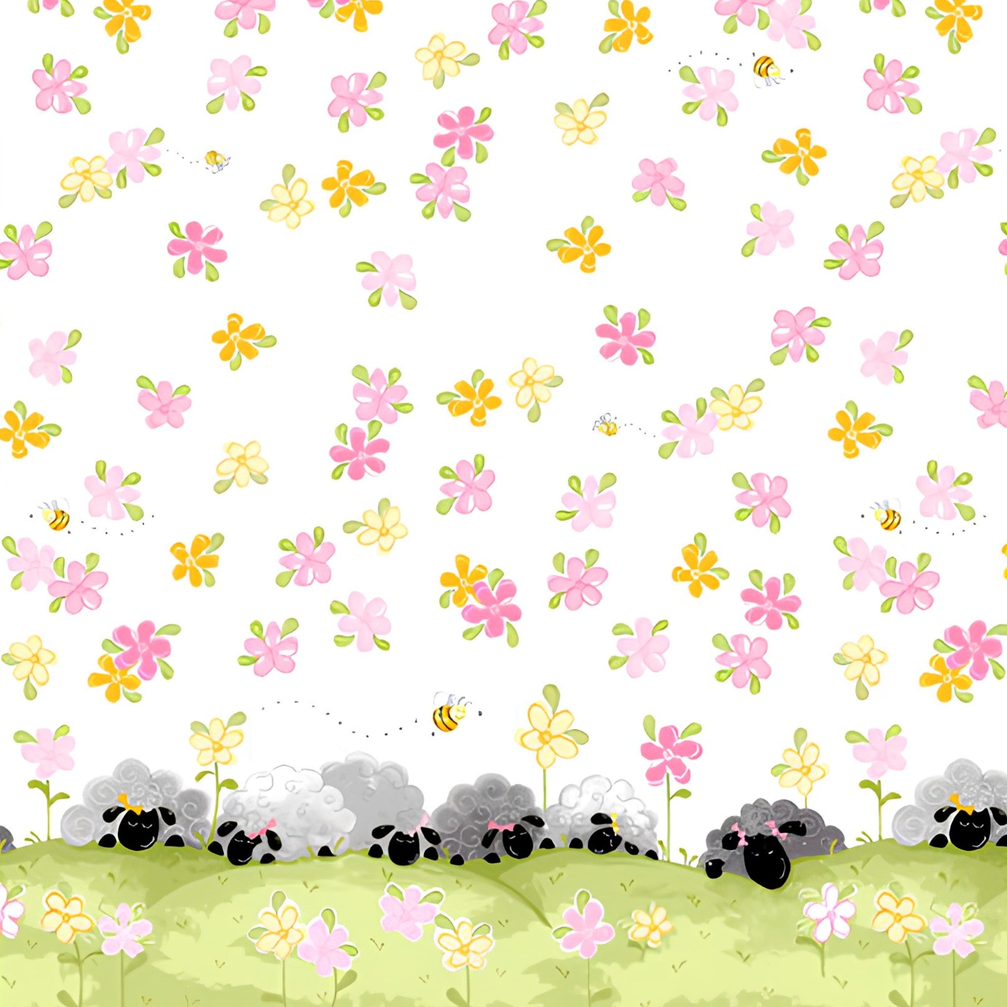 Lal the Lamb Mama Lal double border white sleepy sheep flowers bees novelty kids quilting fabric baby quilts nursery borders