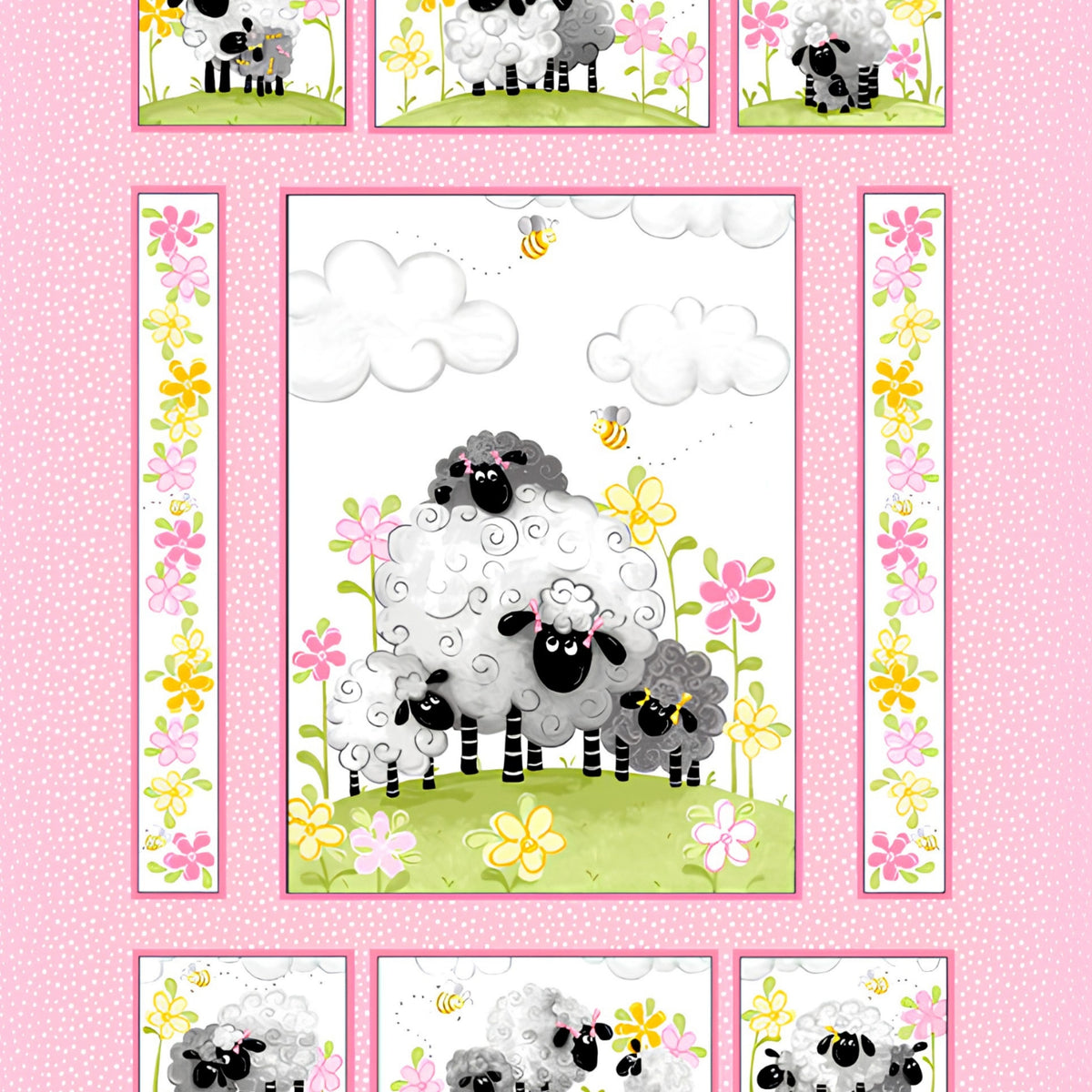 Lal the Lamb Mama Lal quilt panel pink sheep family meadow flowers bees novelty kids quilting fabric baby quilts nursery wall hangings